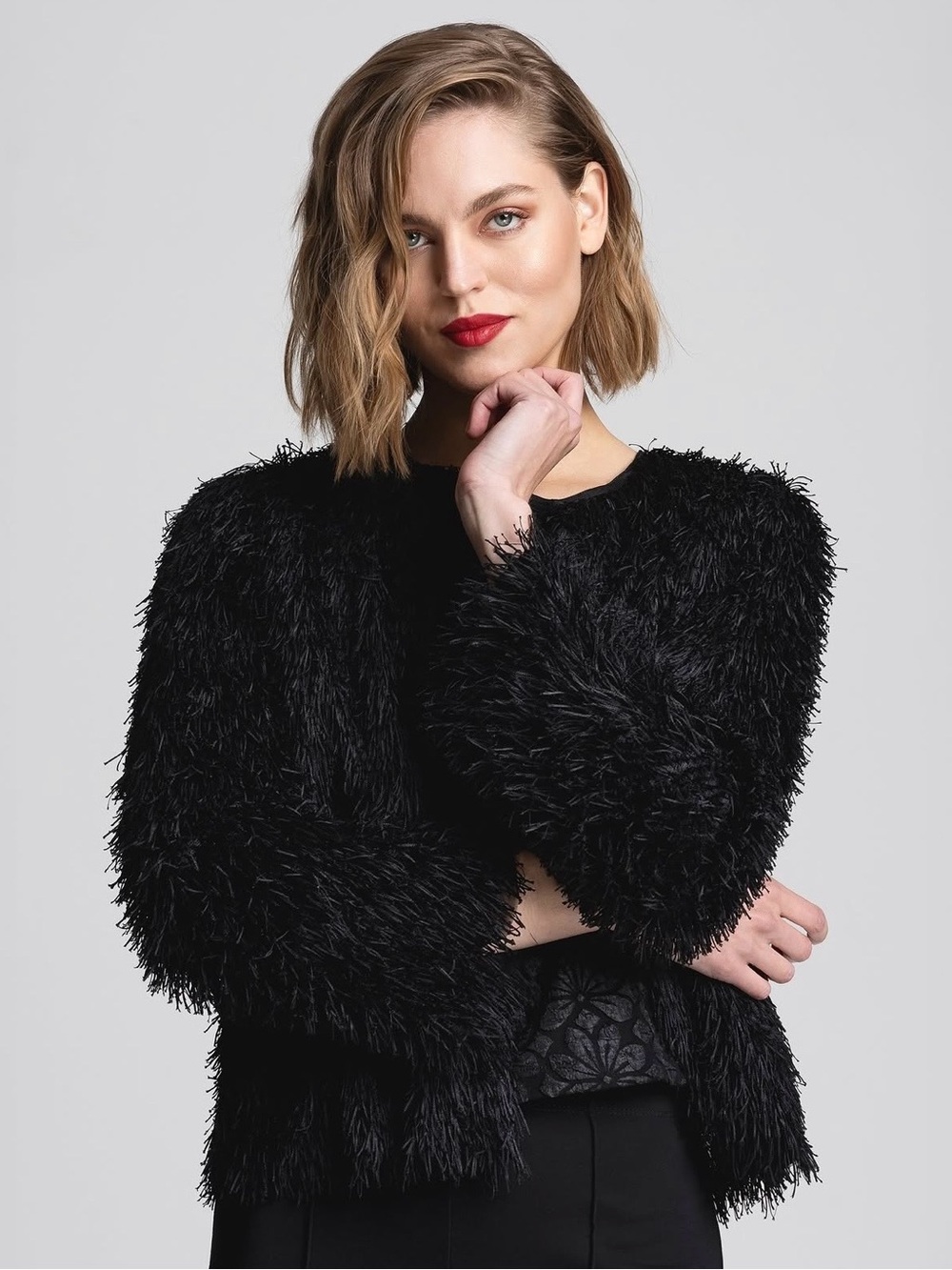 Max Studio Black Shag Faux-Fur Teddy Jacket